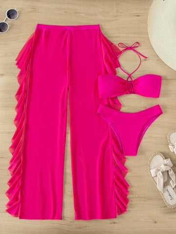 Bikini con top inalámbrico cruzado en el cuello y Bottom de corte alto, pantalón de cobertura de malla, 3 piezas