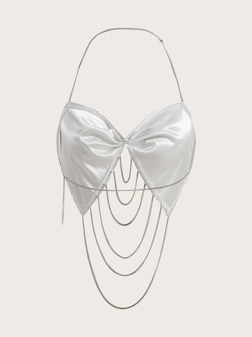 Top halter con diseño de cadena de espalda abierta de color metálico