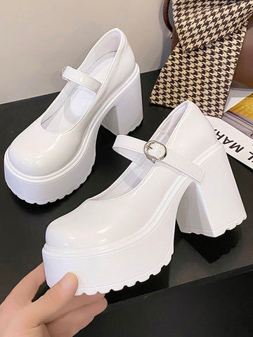 Zapatos con tacón grueso mary jane elegante exterior blanco