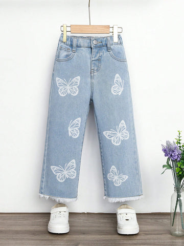 Jeans Rectos Con Dobladillo Crudo Y Estampado De Mariposas