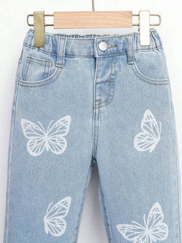 Jeans Rectos Con Dobladillo Crudo Y Estampado De Mariposas