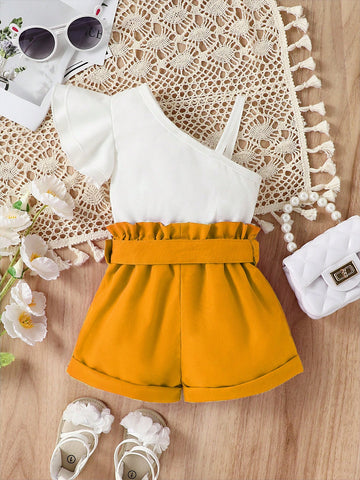 Conjunto de camiseta de un solo hombro y shorts de cintura fruncida para bebé niña