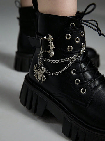 Botas con cordón con diseño de araña con cadena punta redonda moda punk