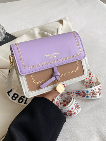 Bolso de moda para mujer, cruzado versátil, casual, color contrastante, bolso cuadrado pequeño, correa ancha para el hombro
