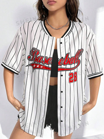 Camisa con estampado de rayas y letra de hombros caídos cuello béisbol