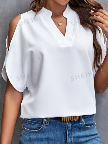 Blusa Sólida Con Hombro Al Aire Y Manga Partida, Camisa Blanca