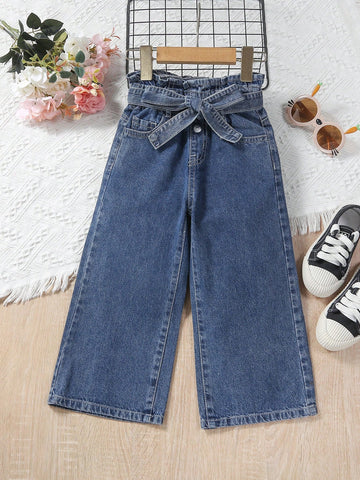 Jeans De Cintura Alta Y Pierna Ancha Para Niña