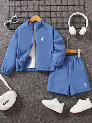 2 Piezas/set De Traje De Verano Deportivo Casual Para Niños Con Chaqueta Bordada Y Pantalones Cortos Con Cremallera