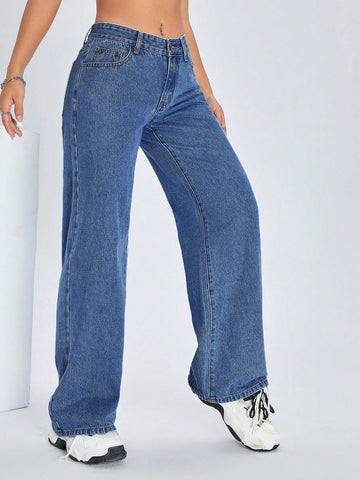 Jeans de pierna ancha casuales para mujer con bolsillo oblicuo para uso diario