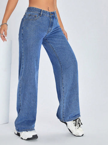 Jeans de pierna ancha casuales para mujer con bolsillo oblicuo para uso diario