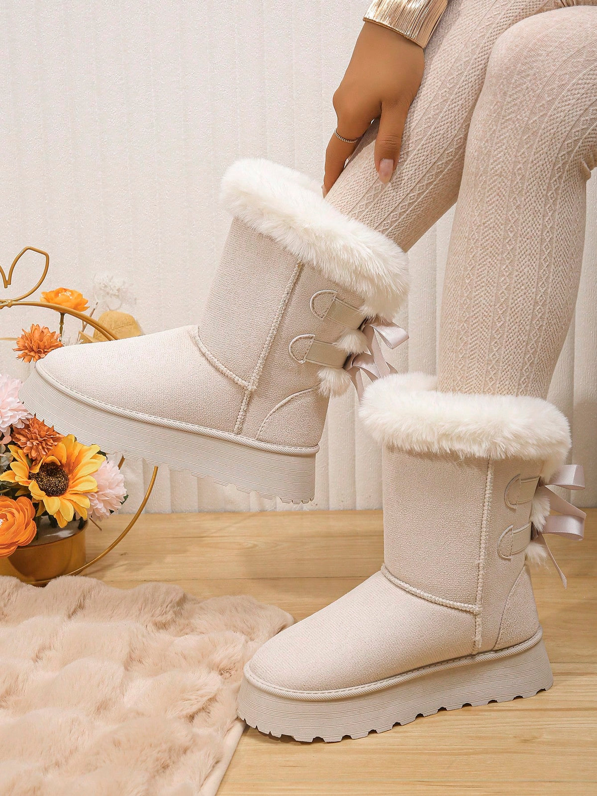 Botas de nieve, Suela gruesa mitad de la pantorrilla de mujeres con con lazo & forro polar