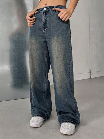 Jeans con bolsillo oblicuo de pierna ancha