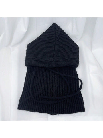 1 Pieza Gorra De Lana Negra Para Mujer Con Collar De Cordón, Gorra / Capucha / Máscara De Protección De Cuello Y Cara