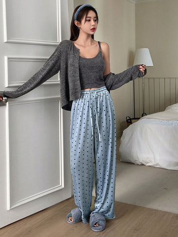 Conjunto de pijama Top de tirantes &Abrigo con botón &  Pantalones con estampado de lunares