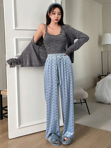 Conjunto de pijama Top de tirantes &Abrigo con botón &  Pantalones con estampado de lunares