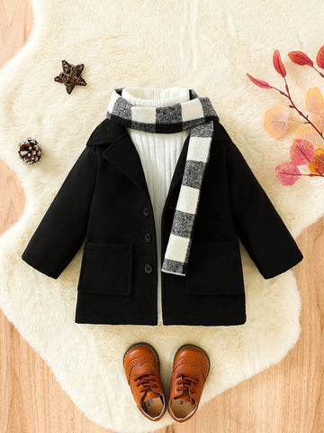 Conjunto  de abrigo marrón Preppy británico de otoño/invierno para bebés con bufanda clásica a cuadros