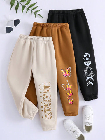 3 piezas Pantalones deportivos letra y mariposa & con estampado de luna