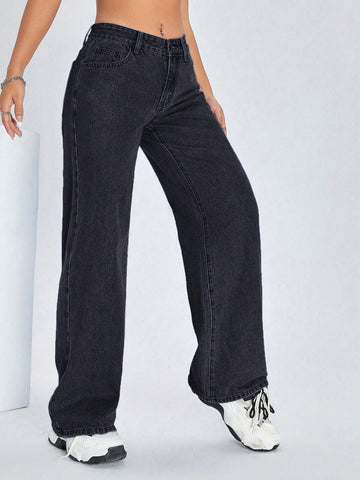 Jeans de pierna ancha casuales para mujer con bolsillo oblicuo para uso diario