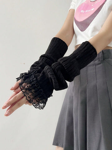 1 Par De Mangas De Brazo Con Borde De Encaje Negro, Guantes De Lana De Punto Cálidos Para Otoño E Invierno