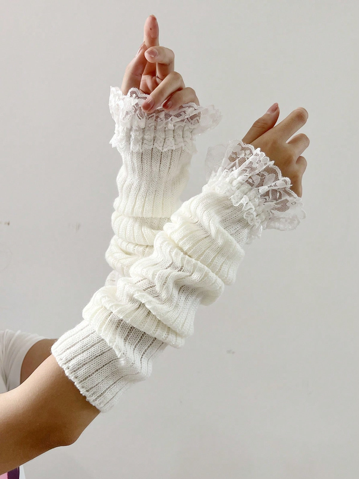 1 Par De Mangas De Brazo Con Borde De Encaje Negro, Guantes De Lana De Punto Cálidos Para Otoño E Invierno