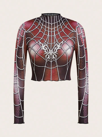 Camiseta crop telaraña & con estampado de mariposa de cuello alto ribete en forma de lechuga