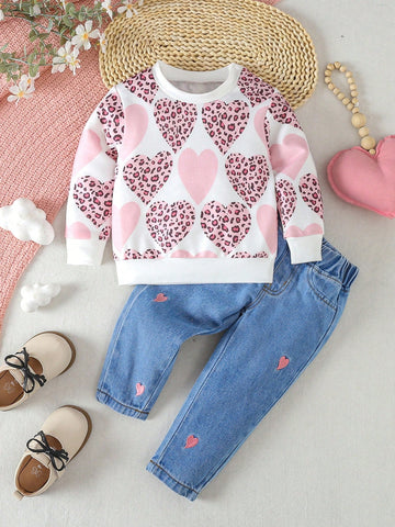 Conjunto De Sudadera Estampada Con Corazón Y Leoparda Y Jeans Para Niña Bebé