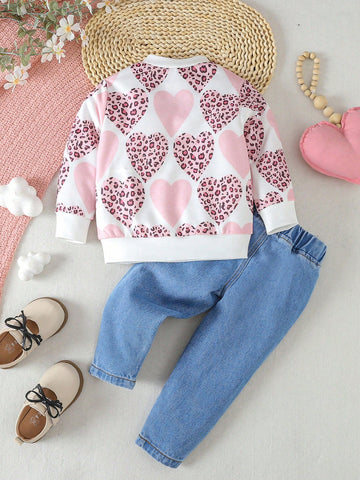 Conjunto De Sudadera Estampada Con Corazón Y Leoparda Y Jeans Para Niña Bebé