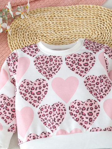 Conjunto De Sudadera Estampada Con Corazón Y Leoparda Y Jeans Para Niña Bebé