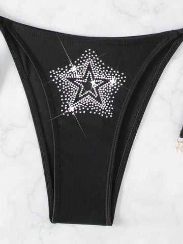 Conjunto de bikini con cuello de halter y diseño de estrella de cinco puntas con piedras de strass, con cubrecostas a juego