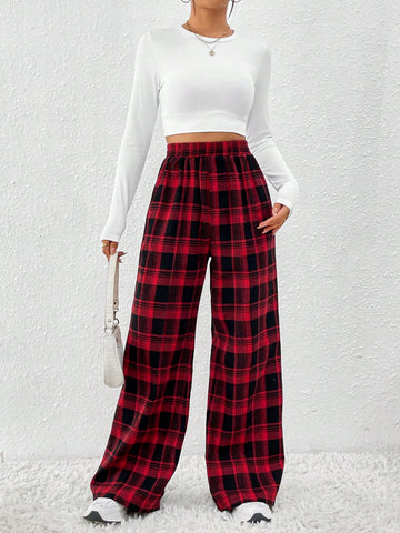 Pantalones Anchos De Cintura Alta A Cuadros