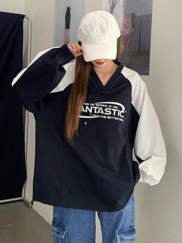 Sudadera De Manga Raglán Con Letra Impresa En Contraste Para Mujer