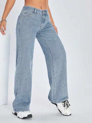 Jeans de pierna ancha casuales para mujer con bolsillo oblicuo para uso diario