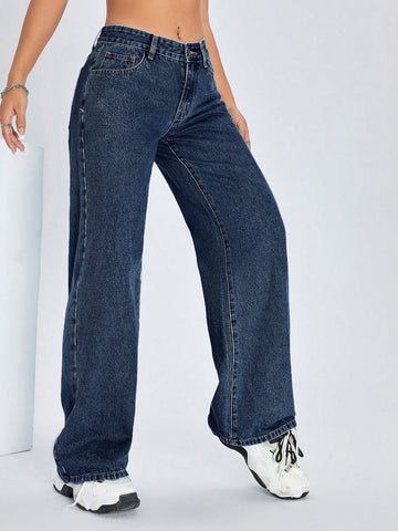 Jeans de pierna ancha casuales para mujer con bolsillo oblicuo para uso diario