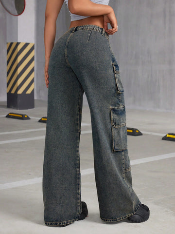 Pantalones De Pierna Ancha Y Cargo De Denim Para Mujeres