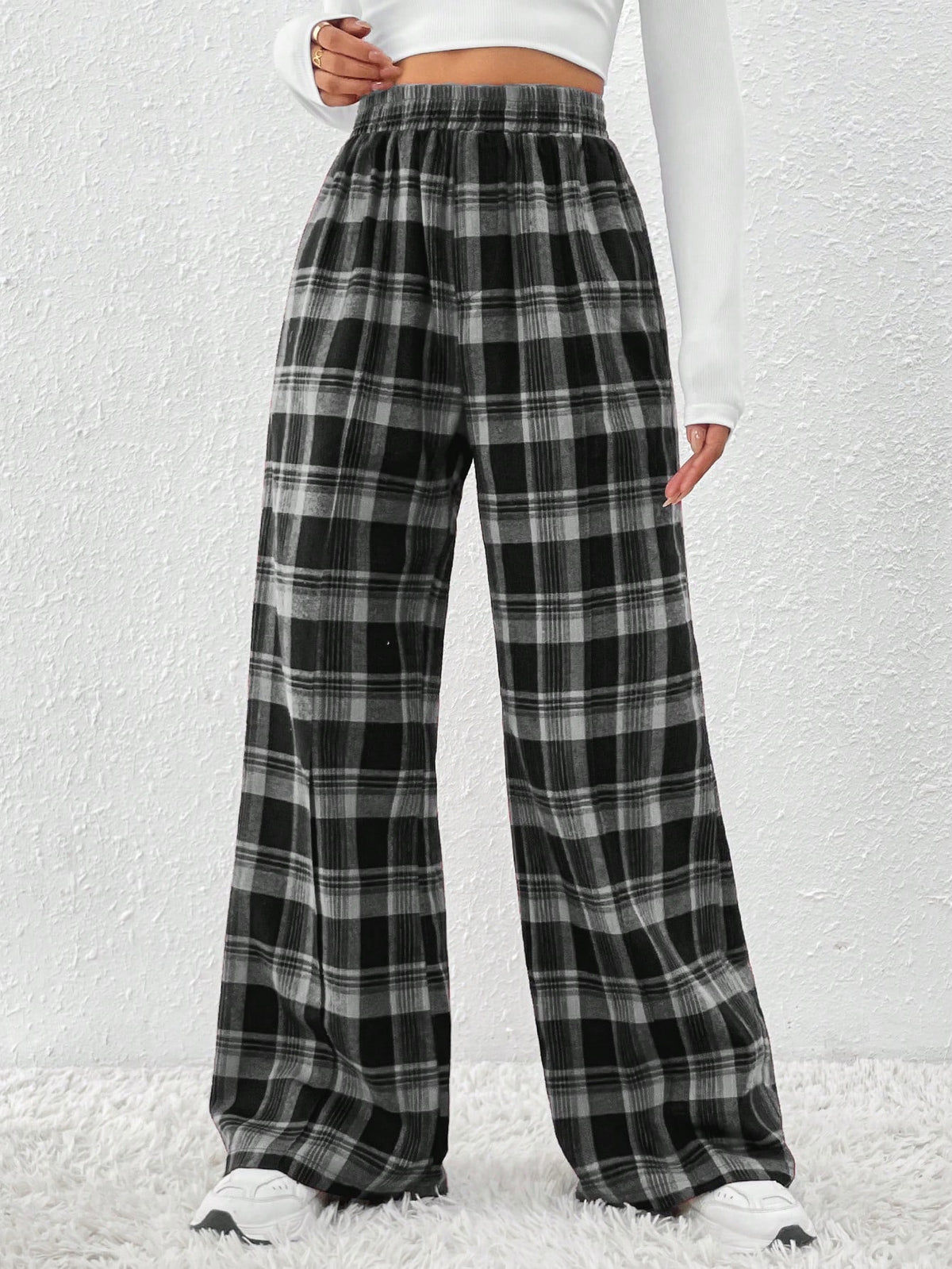 Pantalones Anchos De Cintura Alta A Cuadros