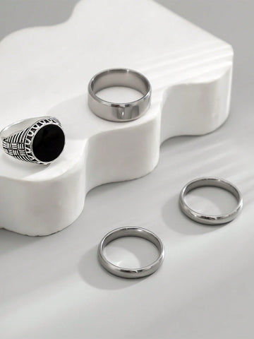 4 Piezas/set Anillos De Acero Inoxidable Con Diseño Geométrico De Círculo De Moda Hip-hop