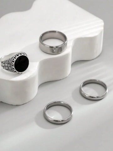 4 Piezas/set Anillos De Acero Inoxidable Con Diseño Geométrico De Círculo De Moda Hip-hop