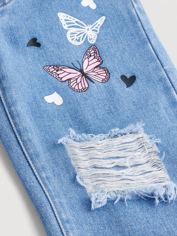 Jeans Desgastado Con Patrón De Mariposa Y Cintura Elástica