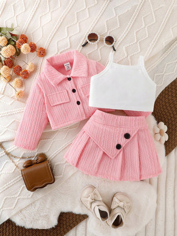 Conjunto Elegante Vintage De Tres Piezas Para Niña Con Chaqueta Y Falda Abotonada Exquisita, Para Primavera Y Otoño