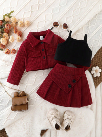 Conjunto Elegante Vintage De Tres Piezas Para Niña Con Chaqueta Y Falda Abotonada Exquisita, Para Primavera Y Otoño