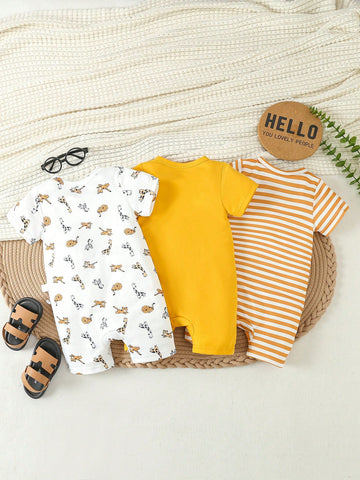 Conjunto De 3 Mamelucos Estampados Y Rayados Casuales De Moda Para Bebés Recién Nacidos Para Primavera Y Verano