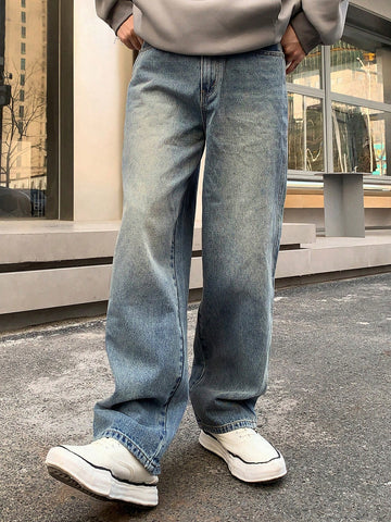 Jeans para hombres de ajuste recto y suelto estilo Streetwear