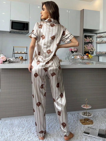 Conjunto De Pijama De Seda Simulada Con Estampado De Oso Con Rayas Y Detalles De Contraste