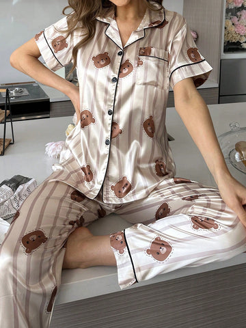 Conjunto De Pijama De Seda Simulada Con Estampado De Oso Con Rayas Y Detalles De Contraste