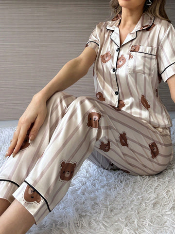 Conjunto De Pijama De Seda Simulada Con Estampado De Oso Con Rayas Y Detalles De Contraste