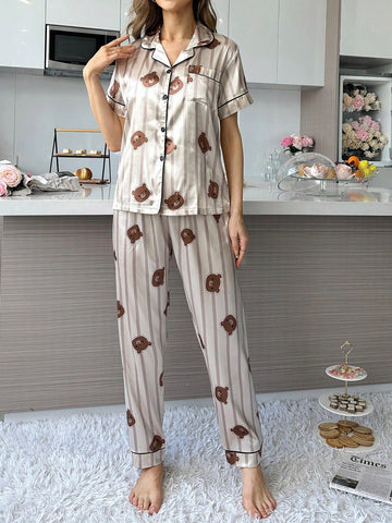 Conjunto De Pijama De Seda Simulada Con Estampado De Oso Con Rayas Y Detalles De Contraste