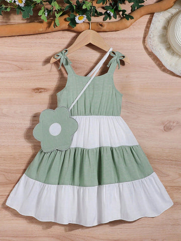 Vestido de verano fresco y lindo con bloques de color para niñas pequeñas con tirantes