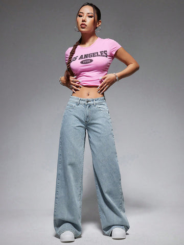 Jeans de pierna ancha casuales para mujer con bolsillo oblicuo para uso diario