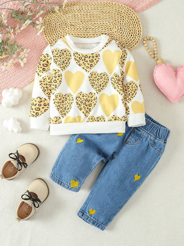 Conjunto De Sudadera Estampada Con Corazón Y Leoparda Y Jeans Para Niña Bebé