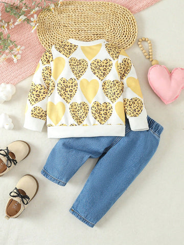 Conjunto De Sudadera Estampada Con Corazón Y Leoparda Y Jeans Para Niña Bebé